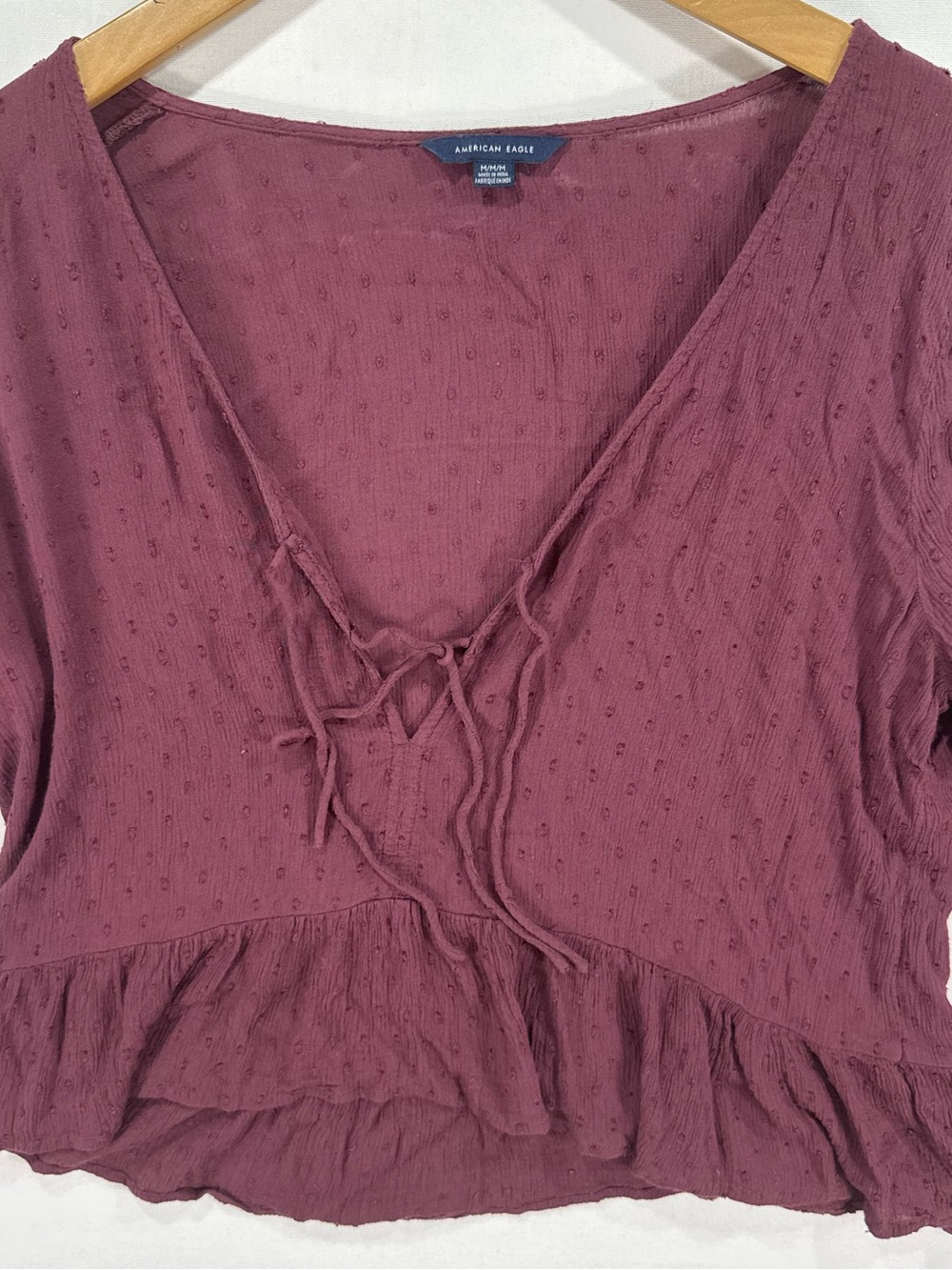 American Eagle Outfitters Dusty Mauve Textured Tie-Front Peplum Top